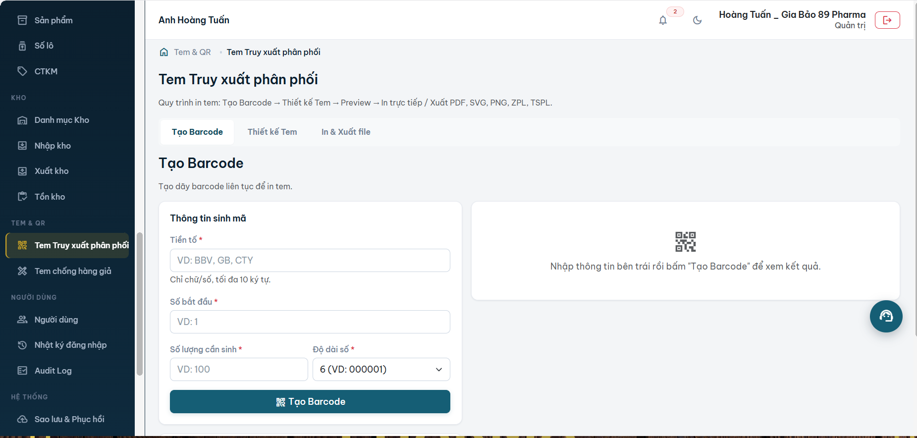 Giao diện Module Thiết kế tem Bảo Bảo Verify