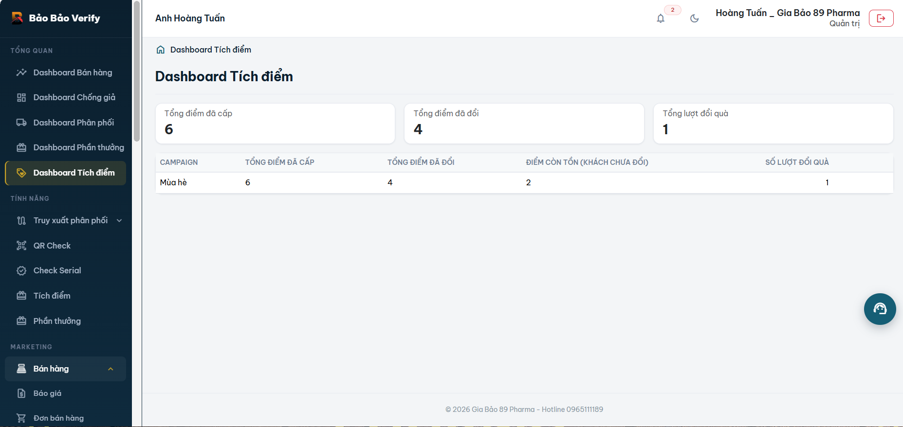 Giao diện Module Tích điểm Bảo Bảo Verify